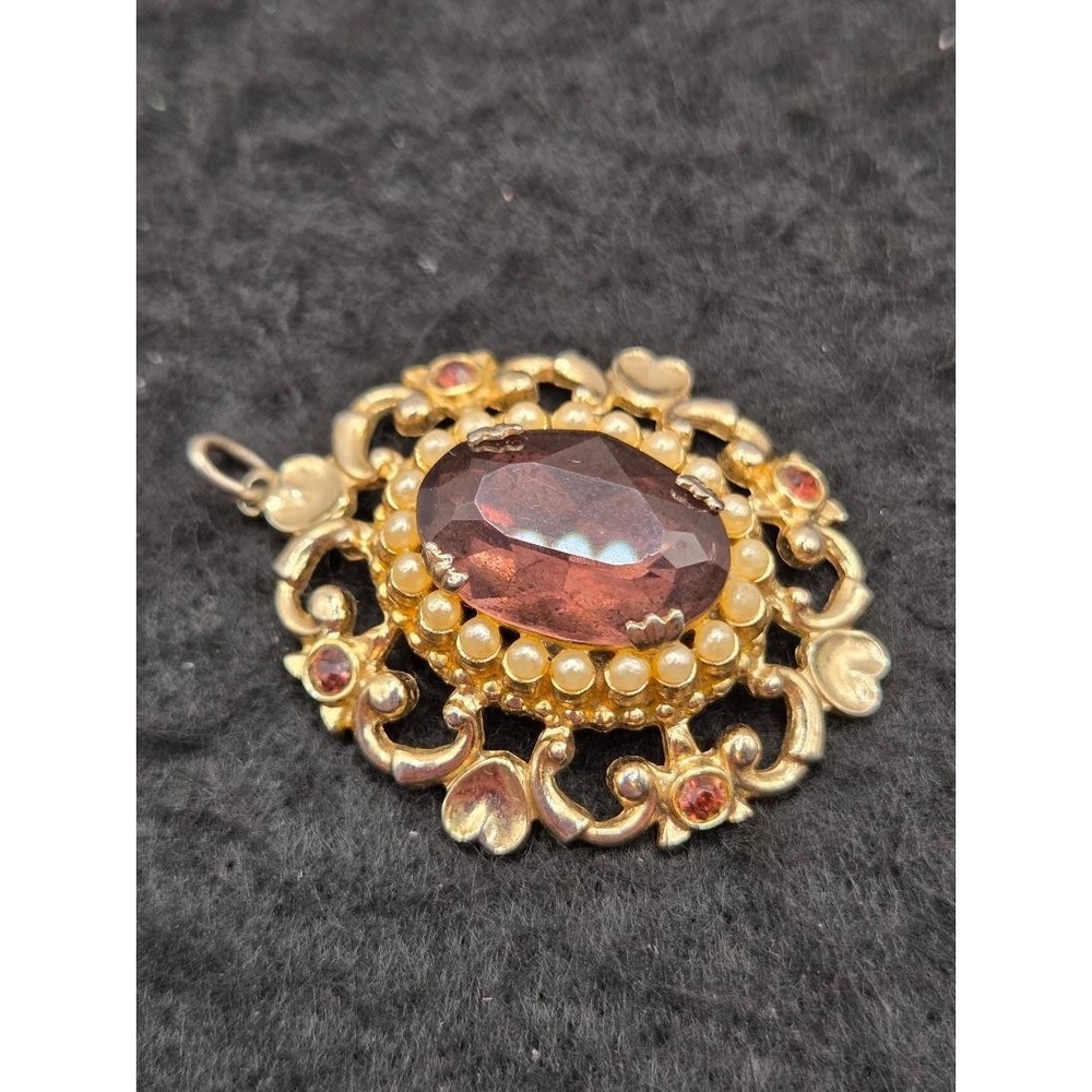 Vintage Victorian Revival Amethyst Purple Glass Faux Pearl Openwork Pendant
